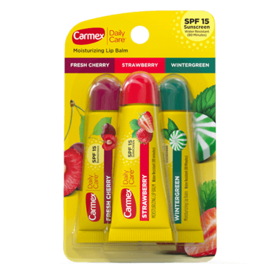 Carmex Daily Care avec protection solaire Lot de 4 baumes à lèvres hydratants  – Parfums Cerise fraîche, Fraise et Gaulthérie MENTHE – 10 g (lot de 4)